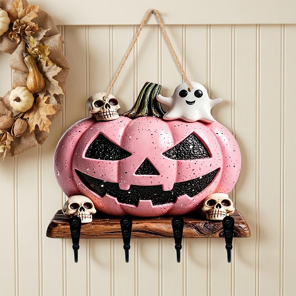 Pink Halloween Wooden Hanging Sign Cute Ghost Black Cat Wall Decoration Hook Holiday Ritual Sense