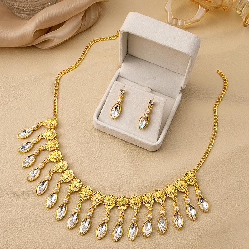 Vintage Fashion Jewelry Set, Dinner Dress Accessories, Geometric Water Drop Necklace, Diamond-Encrusted Pearl Earrings, Women'S