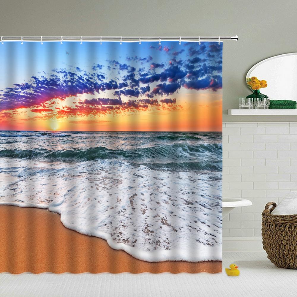 Beach Sea Palm Trees Shower Curtains Scenery Waterproof 3d Bathroom Curtains With Hooks Home Decoration Washable Bath Screen