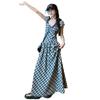 French Retro Plaid Puff Sleeve A-line Dress: Elegant Backless Square Neck Summer Style