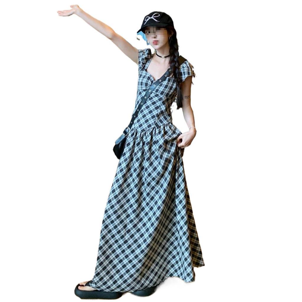 French Retro Plaid Puff Sleeve A-line Dress: Elegant Backless Square Neck Summer Style