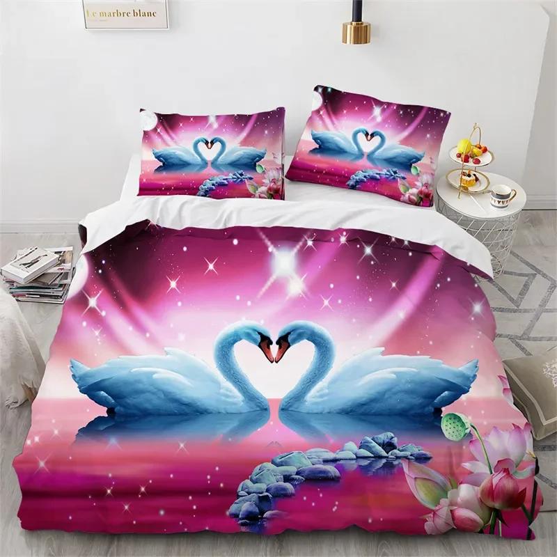 Couple Swan Duvet Cover King Queen For Girls Teen Room Decor Microfiber Romantic Flower Bedding Set Wild Animals Comforter Cover