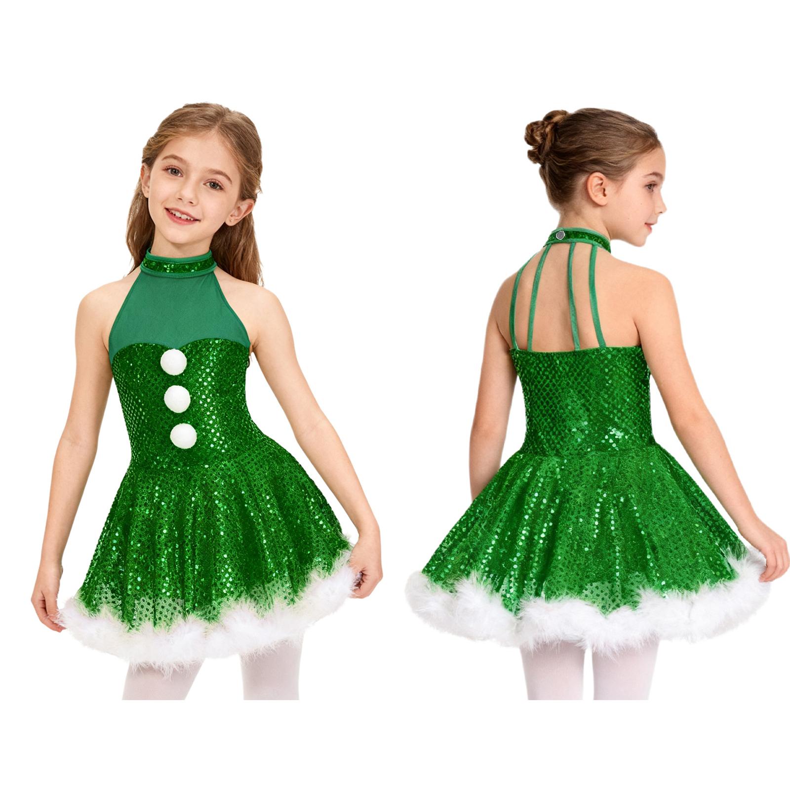 

Caged Back Dance Dress Girls Snowman Costume Sleeveless Mesh with Shiny Sequins for Roller Skating Twirling 15-16 Years зелений