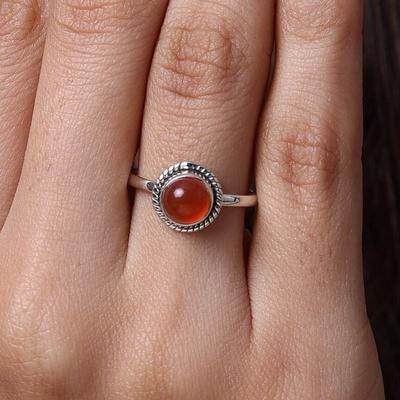 Naturlig Karneol Rund Ädelstensring, Statementring, Designerring, Handgjorda Smycken, Stapelring, Gåva Till Henne, 925 Silverring