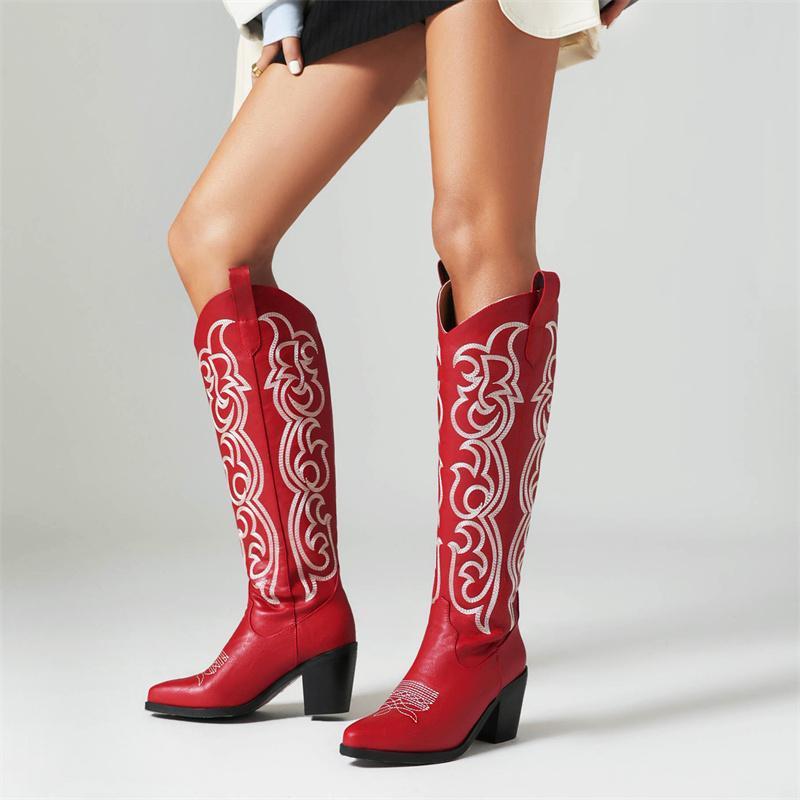 Fashion IPPEUM Cowboy Boots Red Embroider Knee High Chunky Heel Cowgirl Women Western Shoes