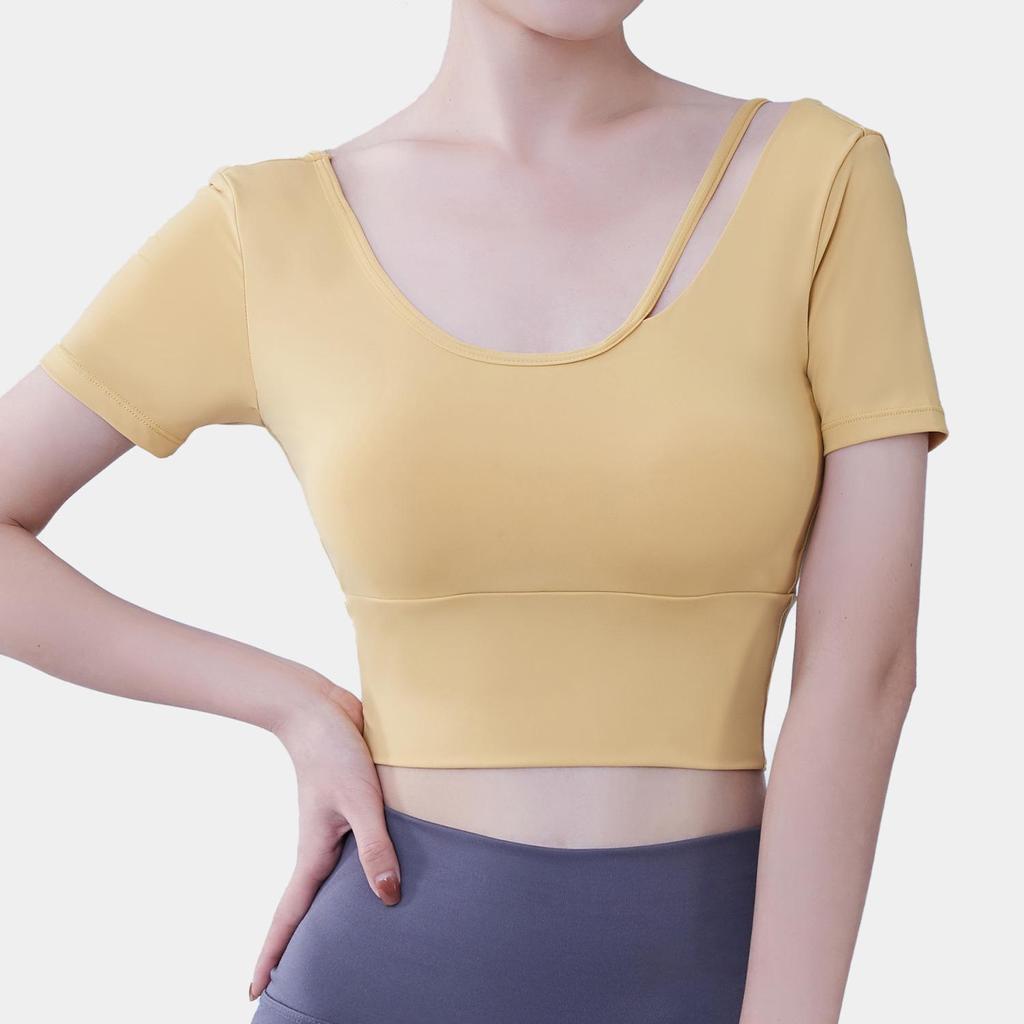 Summer Women's Quick-Dry Yoga Crop Top with Chest Pads - Short Sleeve Fitness Shirt