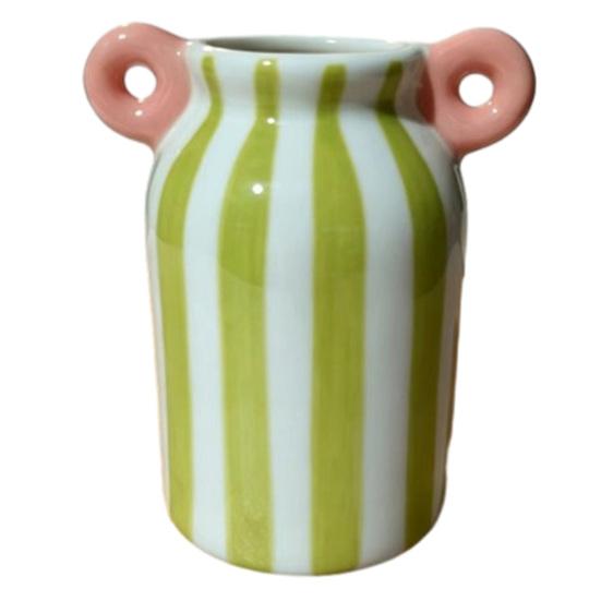 Ceramic Striped Flower Vase with Dual Handles, Hand Painted Small Decorative Vase for Flower, Pampas Grass, Wide Mouth Bud Vase for Living Room зелёный