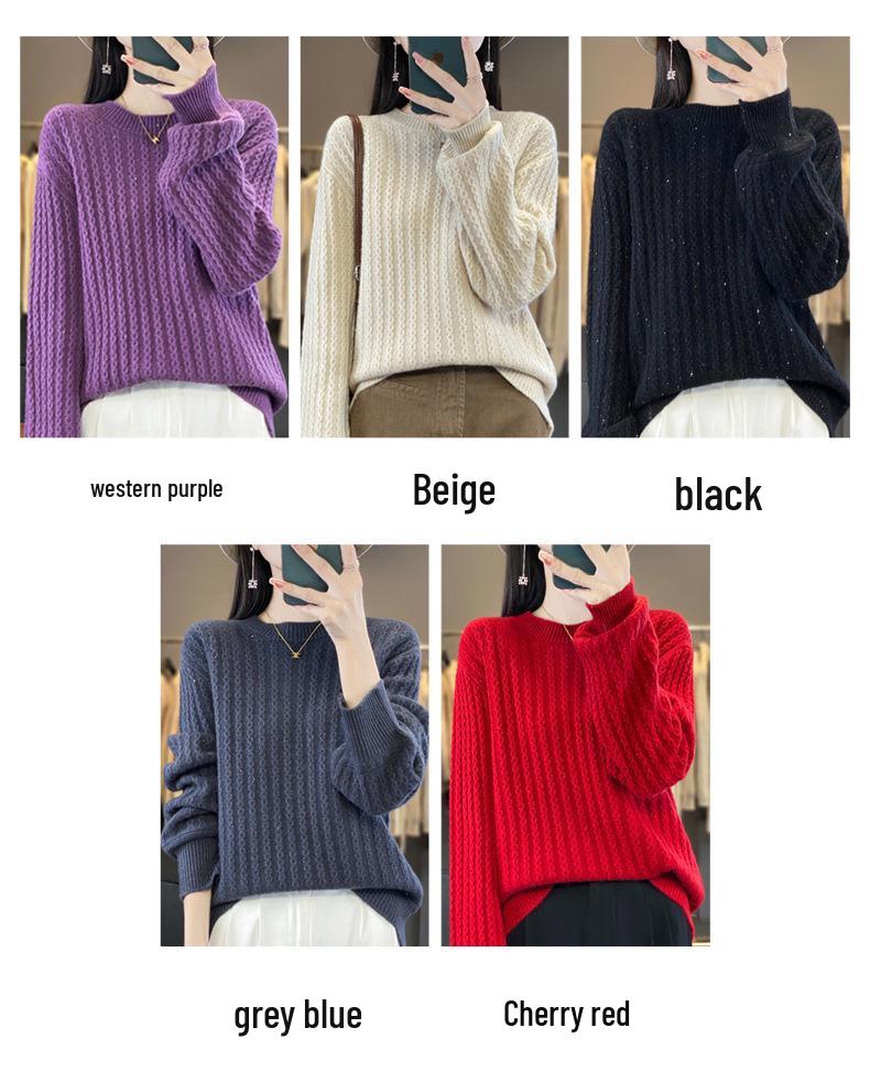 2024 A/W Women's Thick Wool Knit Sweater - Round Neck, Long Sleeve, Bright Silk, Loose Fit
