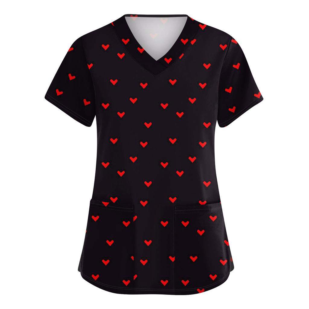 Women's Cute Bow Printed Work Clothes V-neck Double Layer Pockets Basic Short Sleeve Top Pullover