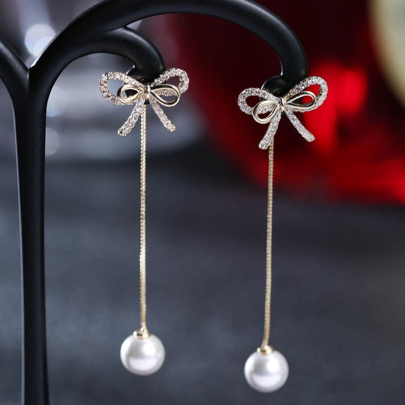 Korean Geometric Copper Pearl Bow Earrings - Elegant Women s Jewelry