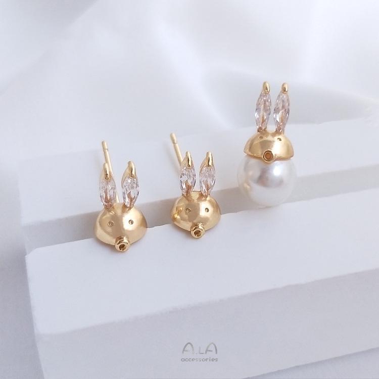 14K Gold-Filled Silver Rabbit Zircon Bead Stud Earrings