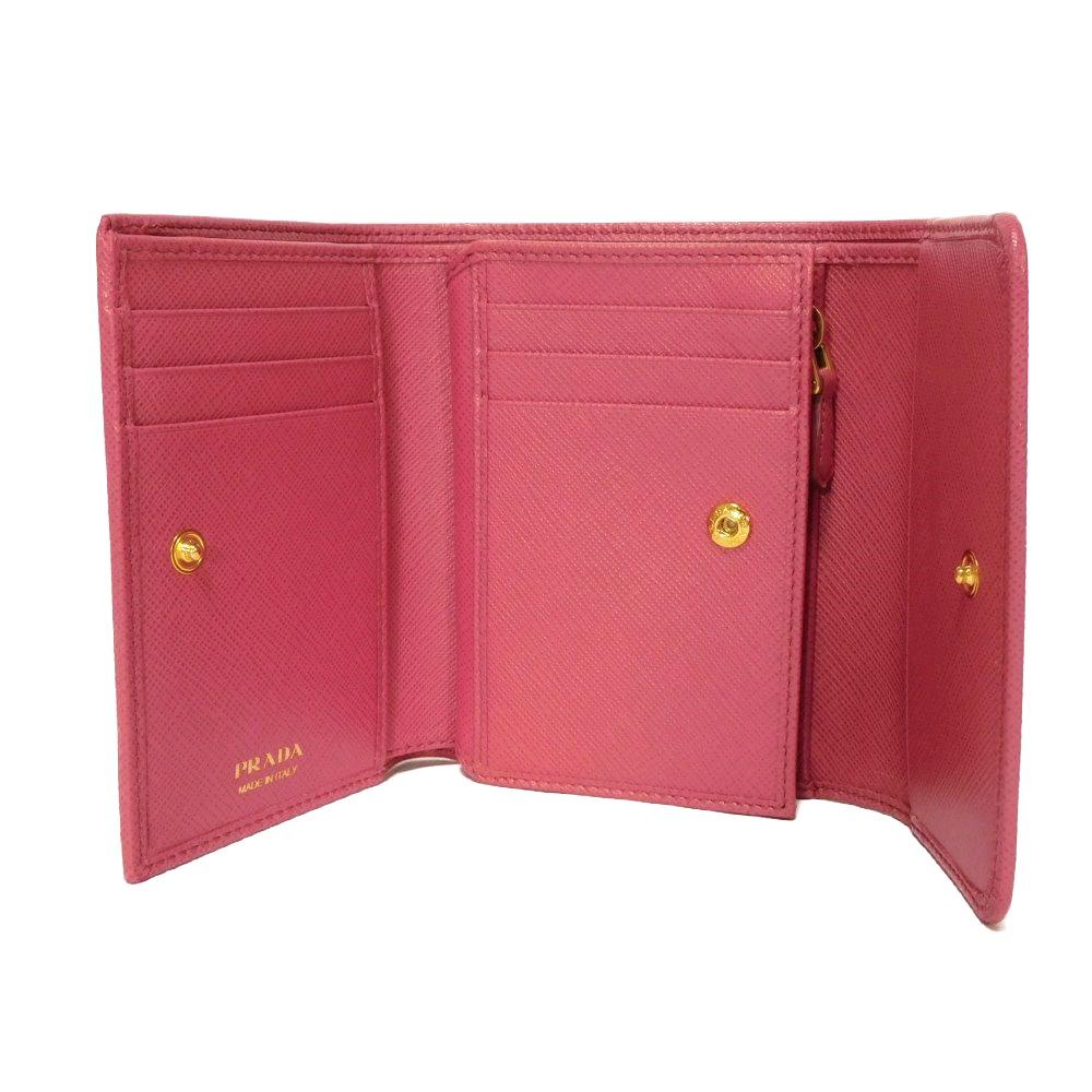 Used 11569 Saffiano Compact Wallet 1MH025 QWA F0505 7942 Pink Trifold Unused Logo Metal Peony Women's from Japan