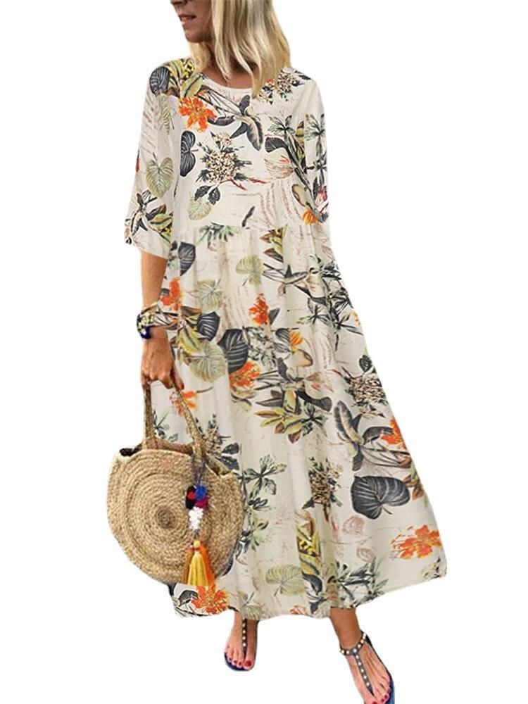 

New women s long retro bohemian pleated sleeve waist print dress 5XL