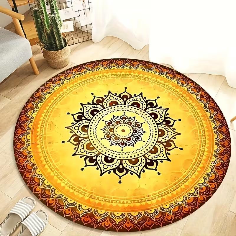 Boho Mandala Round Rug Visual Style Ethnic Lotus Sunflower Print Soft Non Slip Circle Mat for Living Room Bedroom Yoga Decor