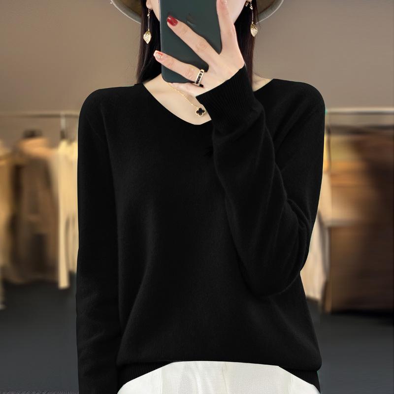 Women's Slimming V-Neck Pure Wool Cashmere Sweater - Soft, Seamless Knitwear Base Layer