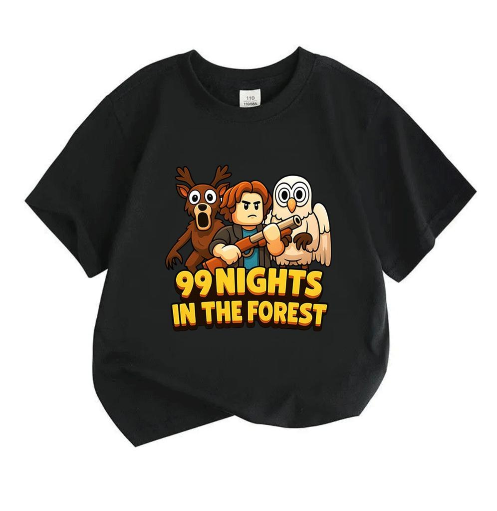 Kids Boys Girls 100% Cotton Crew Neck Short Sleeve T-Shirt, Funny 99 Nights In The Forest Cartoon Print Casual Soft Tee Tops for Children Daily Wear