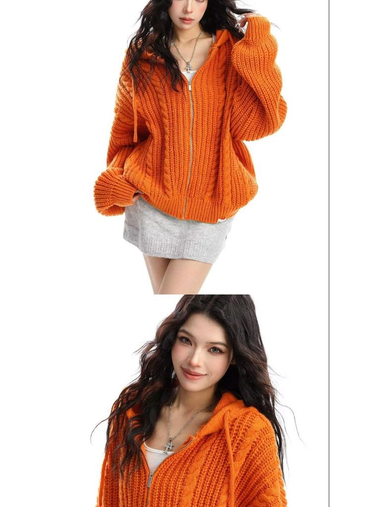 American Casual Cable Knit Hooded Sweater for Women - 2025 Spring/Autumn Trendy Loose Fit Jacket