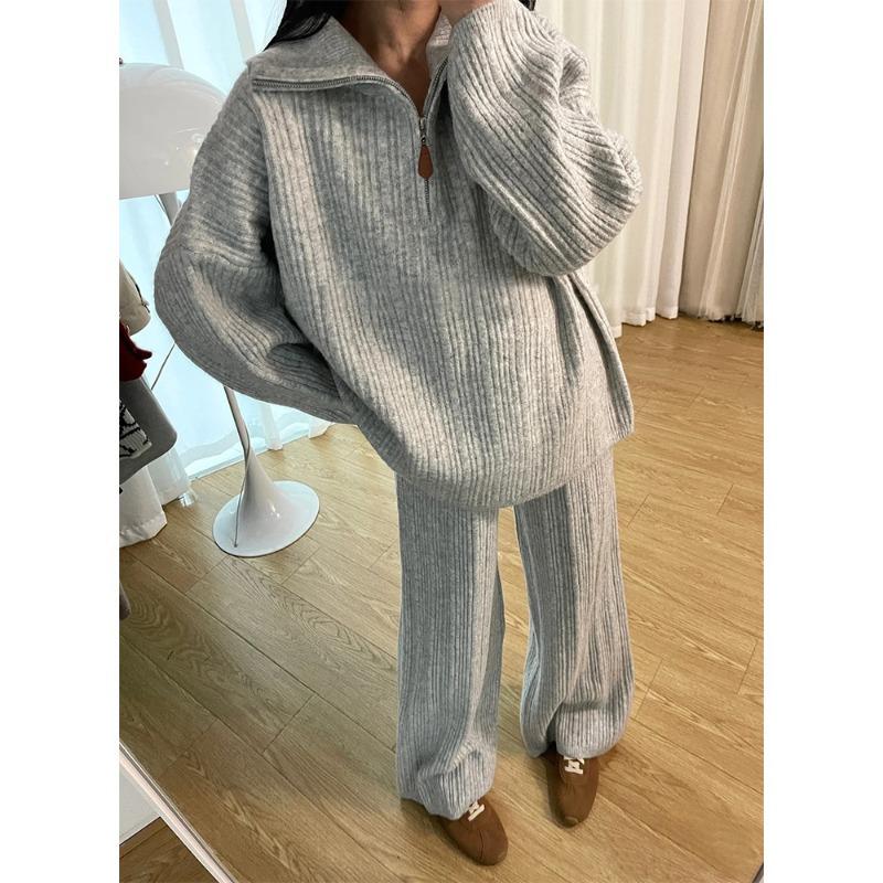Lazy wind casual knitted sweater two-piece set autumn and winter high-end new wide-leg pants sweater set women