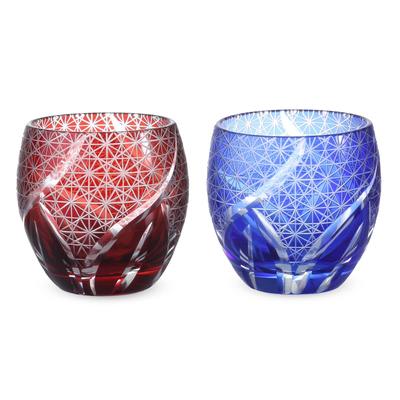 Nostalgia Cut Glass Pair Sake Cups 100cc Random Carving Small Pattern Red Blue Bishou Current Model J-kitchens Egg-Shaped 5.5×5.9cm &