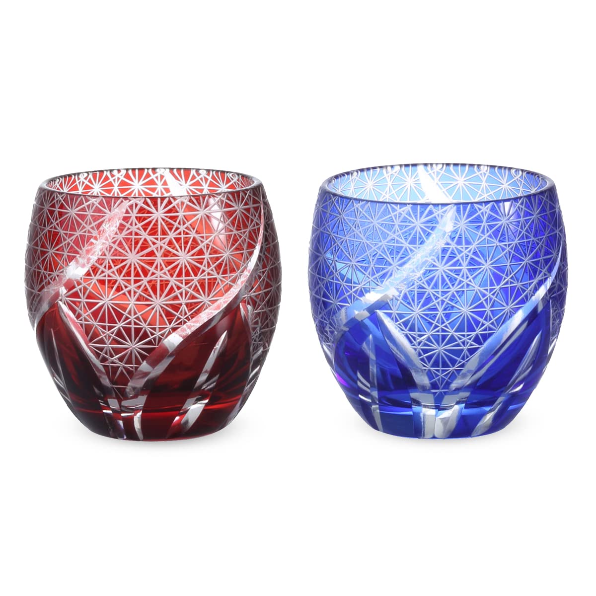 

Nostalgia Cut Glass Pair Sake Cups 100cc Random Carving Small Pattern Red Blue Bishou Current Model J-kitchens Egg-Shaped 5.5×5.9cm &