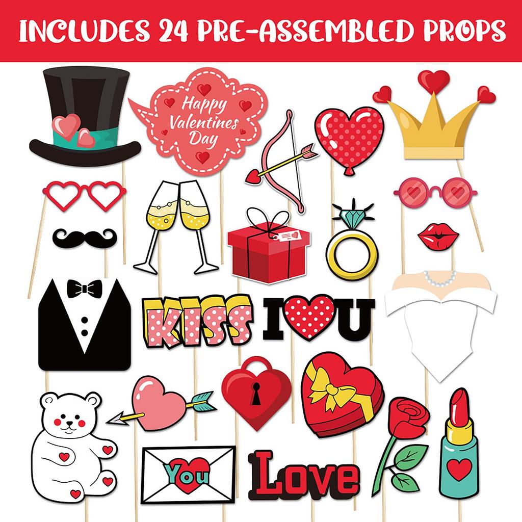 Valentine's Day Party Photo Booth Props Set With Paper Frame, Fun Decoration Kit For Adults And Kids