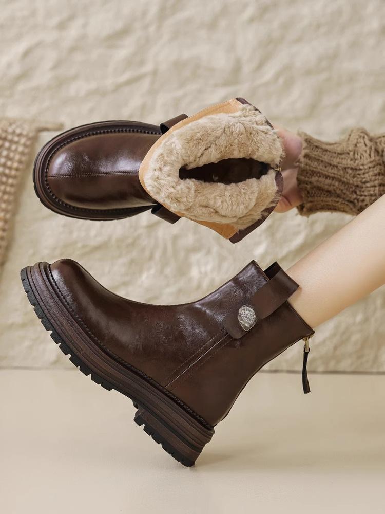 

2025 Зима Новые Модные Ботильоны из Мягкой Кожи с Круглым Носком на Толстой Подошве, Зимние Ботинки, Ретро Флис и Утепленные Женские Ботинки 35 коричневый
