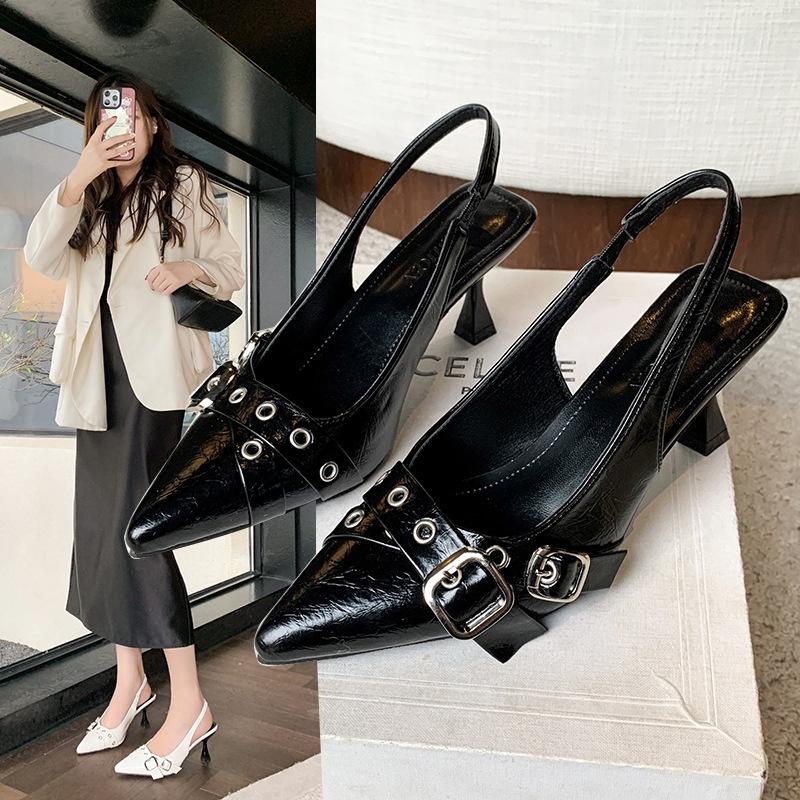 French Bag Head Sandals Women's 2025 New Spring Thin Heel Pointed Belt Buckle Word with Temperament Shallow Mouth Single Shoes