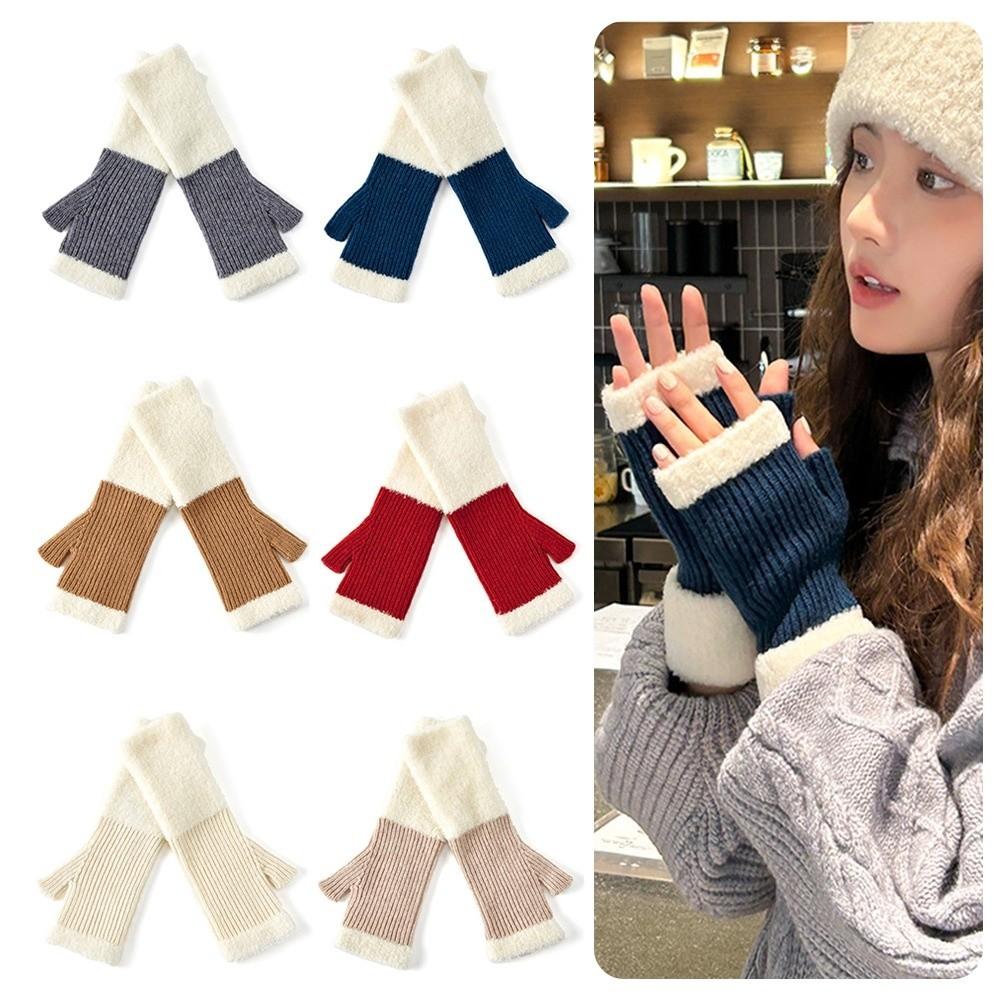1 Pair Korean Style Knitted Gloves Soft Warm Half Finger Gloves Protect Wrists Cold-proof Color-blocked Gloves
