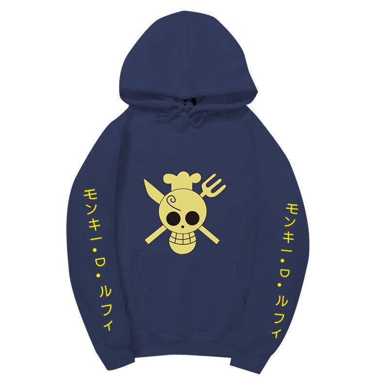 One Piece Sanji Hoodie, Chef Pirate Skull Logo Japanese Letter Sleeve Print Pullover Sweatshirt Unisex Streetwear