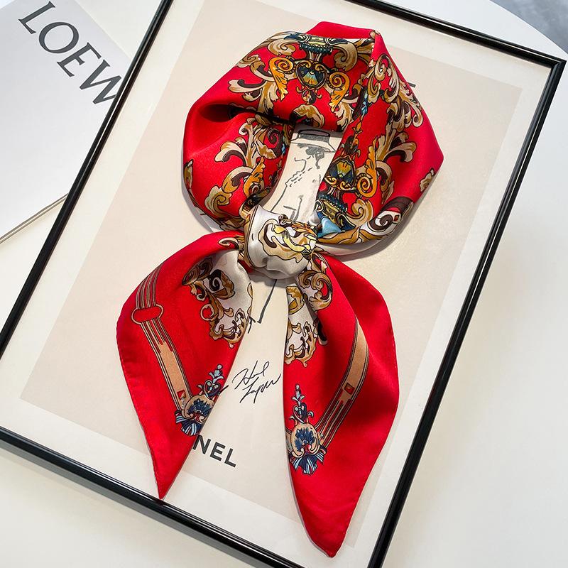Impression Peinture à l'Huile Rouge 70*70cm Carré de Soie Foulard pour Femme Bandeau Doux en Satin Foulard Cravate Bandeau pour Cheveux Féminin Foulard Ruban pour Sac One Size red