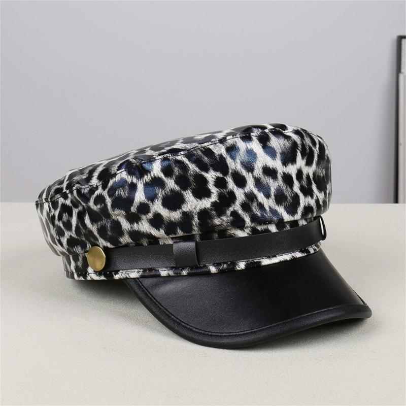 Breathable PU Leather Flat Cap Leopard Print Sun Protection For Men Women Outdoor Activities Riding Fashion Seamless Design
