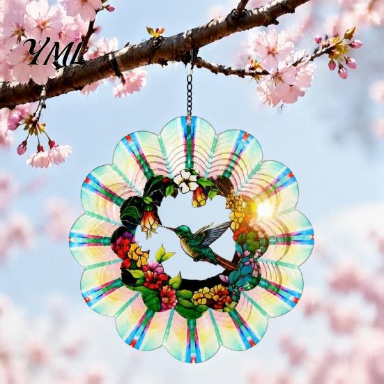 Hand Painted Outdoor Sculpture Owl/Hummingbird/Flower/Tree of Life/Rooster Wind Spinners, Reflective Spinners Garden Decor, Bird Deterrents
