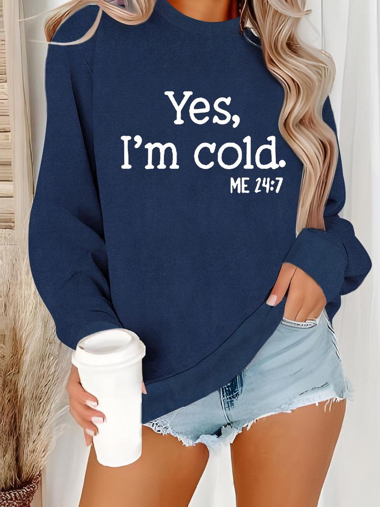 Women's Autumn/Winter Plus Velvet Hoodie with Back Tie Collar, Round Neck, and "YES I'M COLD" Print - Bestseller