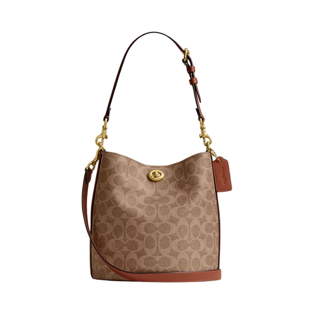 Coach Willow 21 Logo Print Bucket Bag With Lock Closure Women Shoulder Bag Brown Caramel CW602-B4XHG
