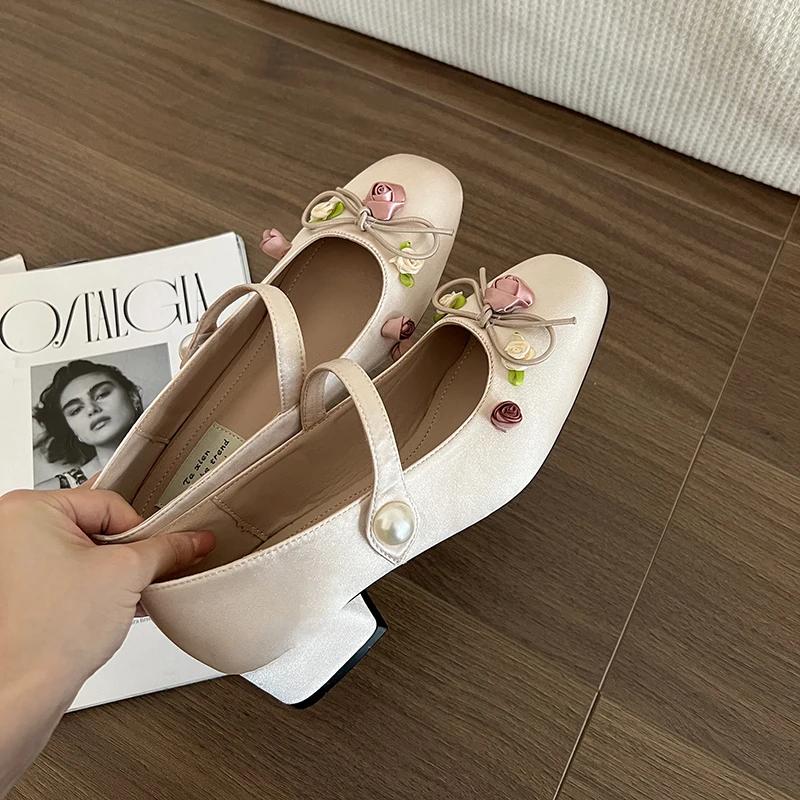 Fashion Medium Heeled Mary Jane Single Shoes 2024 New Women Shoes Fashion Elegant Flower Bow Pumps Square Toe Thick Heeled Ballet Shoes
