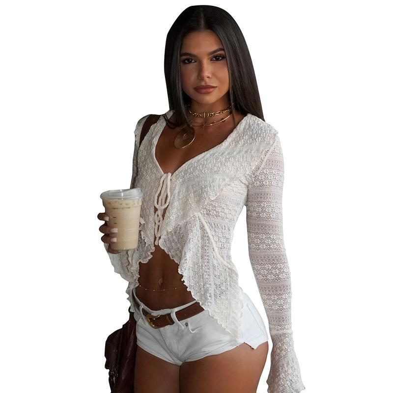 Y25TP289 Women's Solid Color Lace Trim Lace-Up Long Sleeve Top - European & American Style for Summer & Autumn
