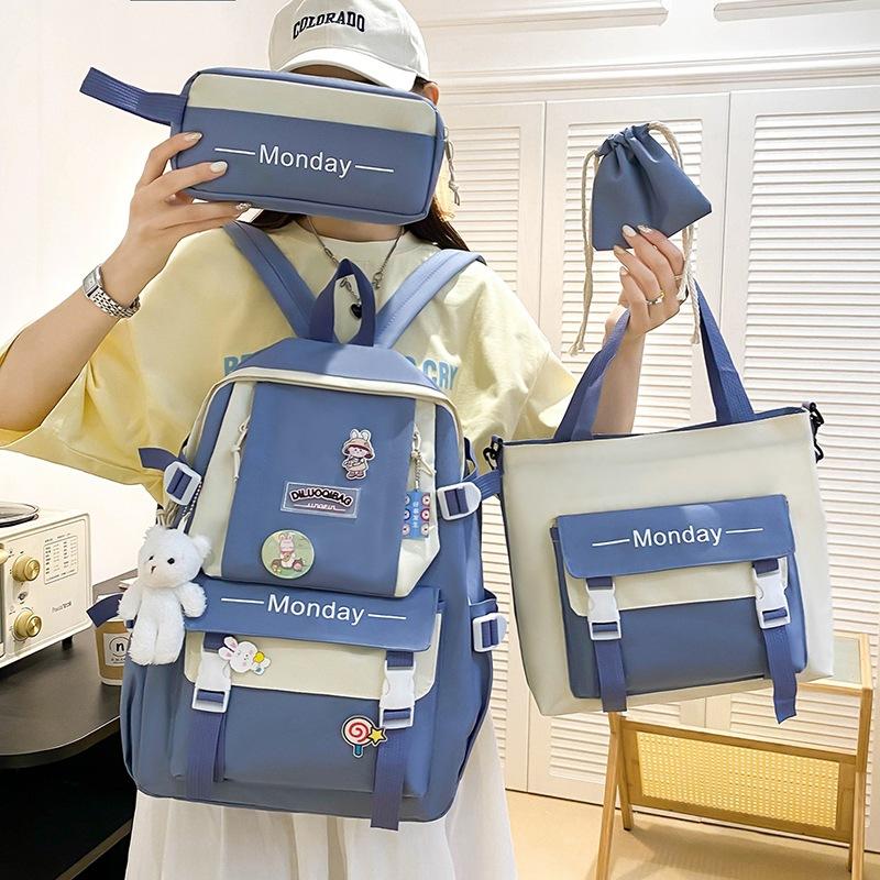 School bag four-piece school bag female versatile primary school student backpack tote bag fashion color matching large-capacity junior high school