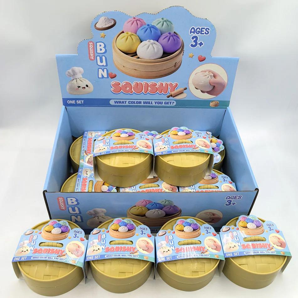 Glitter Squeeze dumpling squishie Toy Kawaii Steamed Bun Stress with Steamer Box Soft TPR Squishy for Kids Adults Anxiety Relief