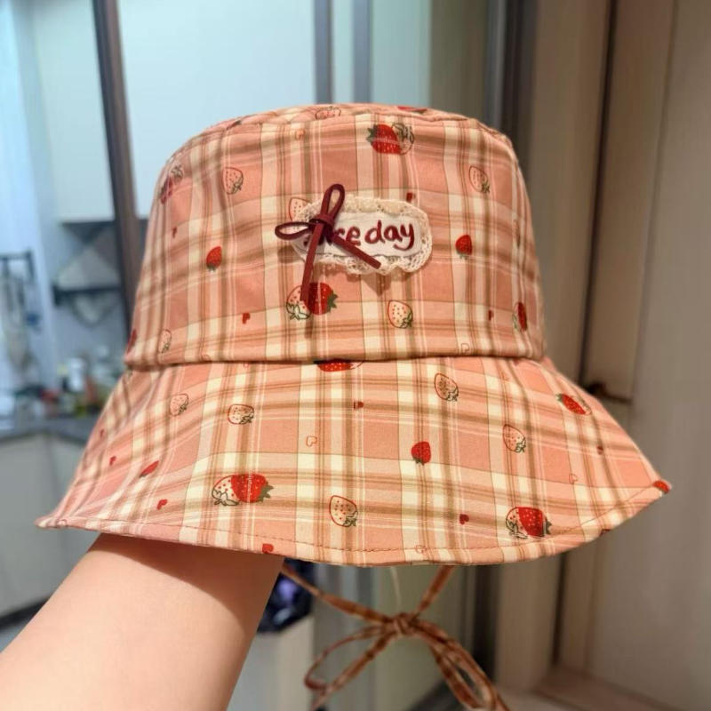 Korean style plaid lace-up bucket hat for women, summer outdoor travel sun protection hat розовый