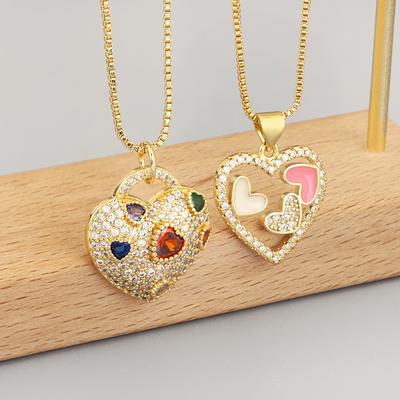 Nidin New Fashion Heart Shape Hollow Design Delicate Pendant Necklace For Women Men Inlaid Colorful Zircon Jewelry Birthday Gift