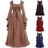 Mittelalterliches Retro-Kapuzenkleid, Eckiger Ausschnitt, Schnürung, Glockenärmel, Weiter Rock