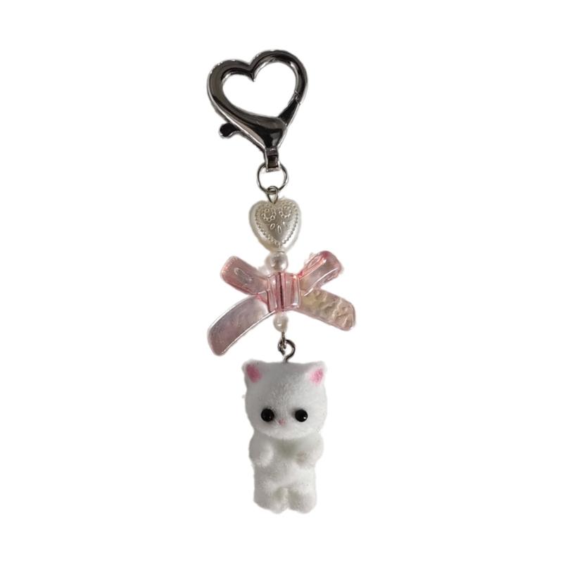 Handmade Bowknot Keychain Bear Cat Pendant Keyring Fashionable Bows Phone Lanyard Ornament Accessory for Keys Bag Purse