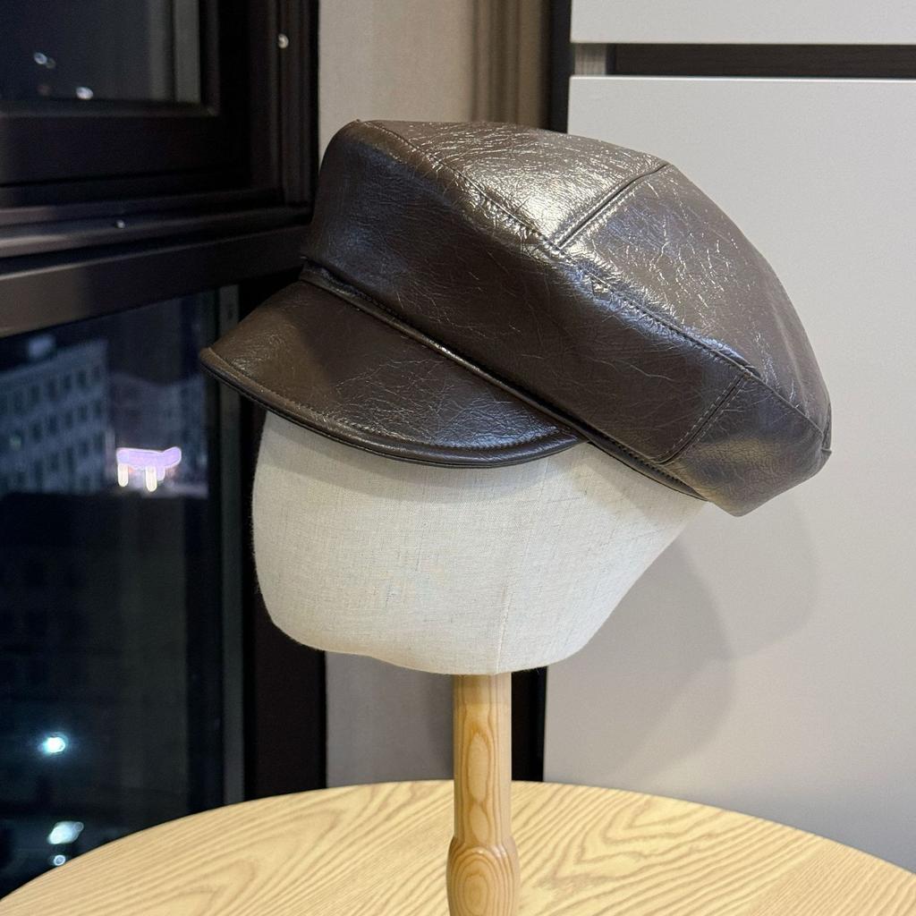 Leather Duck Cap for Women Versatile Newsboy Hat Solid Color Simple Octagonal Hat Beret Painter Hat Japanese Style