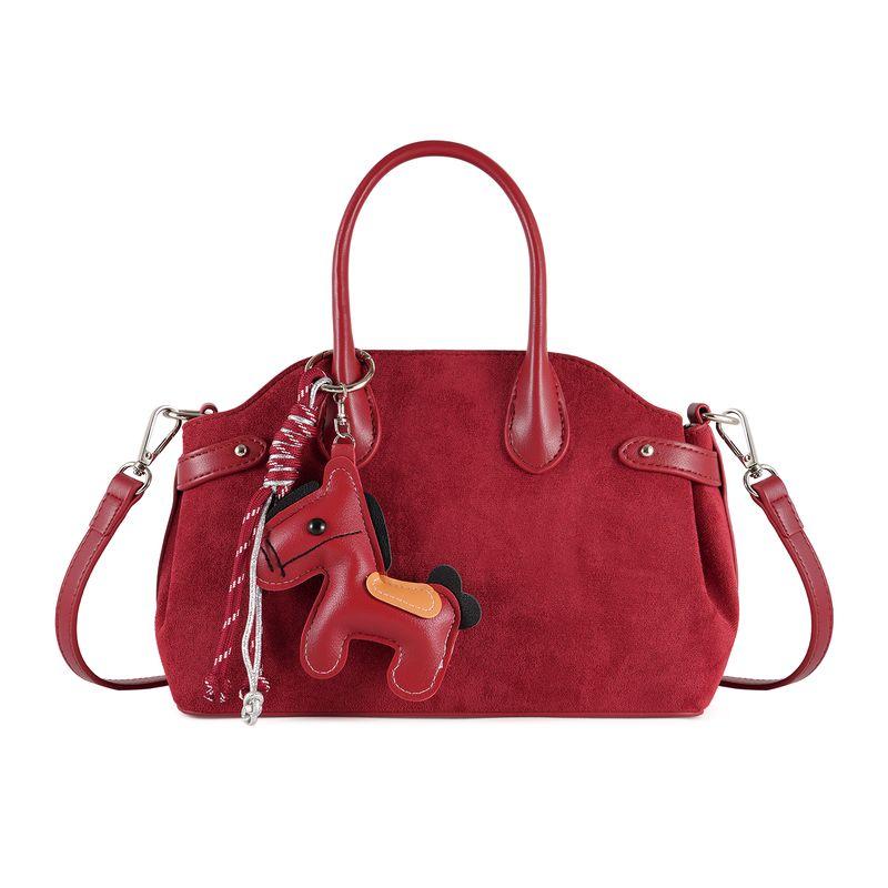 

Suede Pony Hanging Boston Bag Same Style as Stars Light Luxury Bowling Bag Portable Shoulder Dual-Use Bag Wedding Bag Red