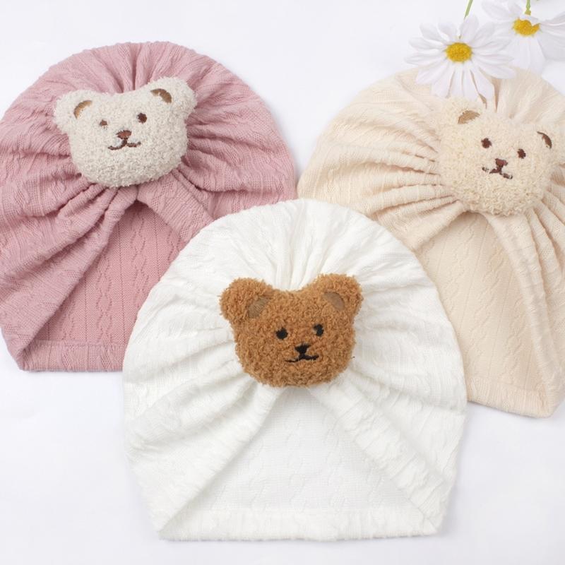 Solid Turban Hat Baby Beanies Caps Headwrap with Cute Bear Charm for 0-2 Years Baby Girls Infants Toddlers Pullover Hat