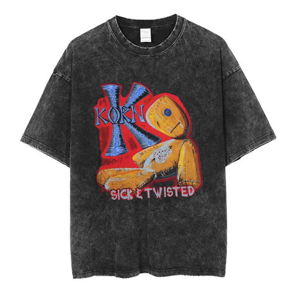 Korn Follow The Leader 20Th Anniversary Washed T Shirt Metal Gothic Rock Band T Shirts Men Vintage Oversized T-shirt Streetwear