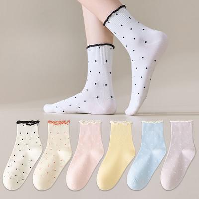 Black Fungus Lace Socks for Women, Spring and Autumn Style, Pile Socks, Cotton Socks, Summer Polka Dot Roll, Boneless Mid-calf Socks