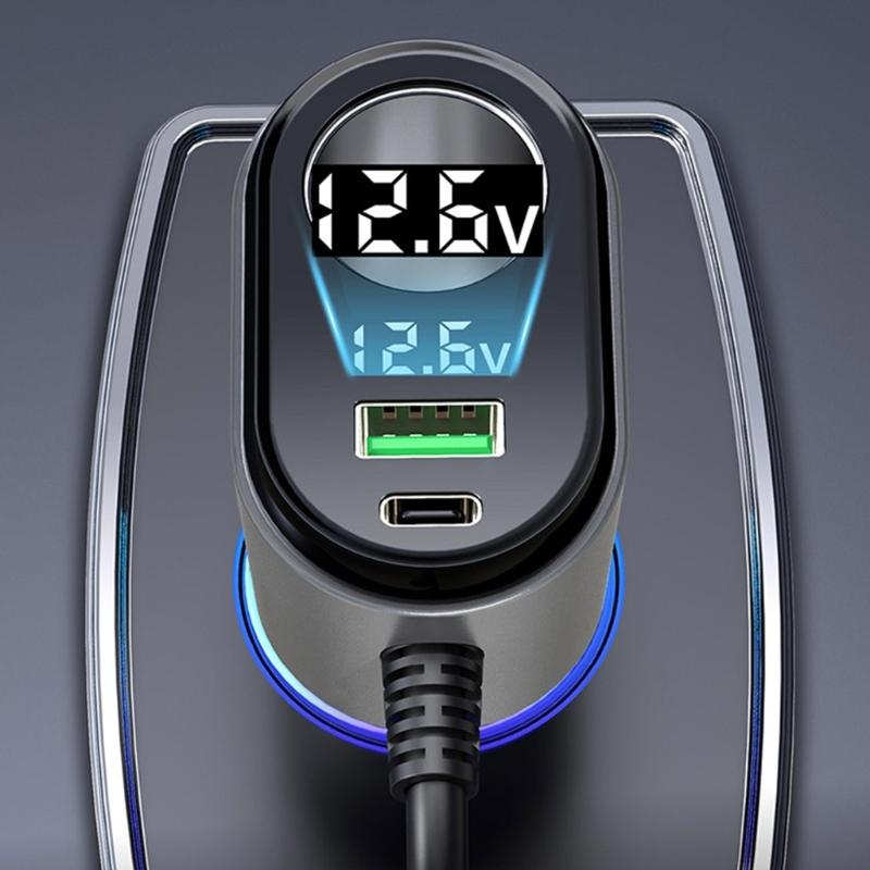 120W Intelligent Car Charger PD65w Fast Charging Adapter with Voltages Display USB A USB C Port Safety Protections