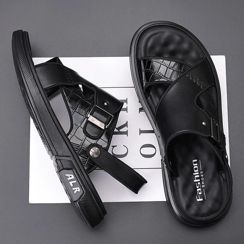 male sandals for summer men thick-soled casual cool slippers non-slip leather beach shoes dual-purpose sandals soft sole shoes