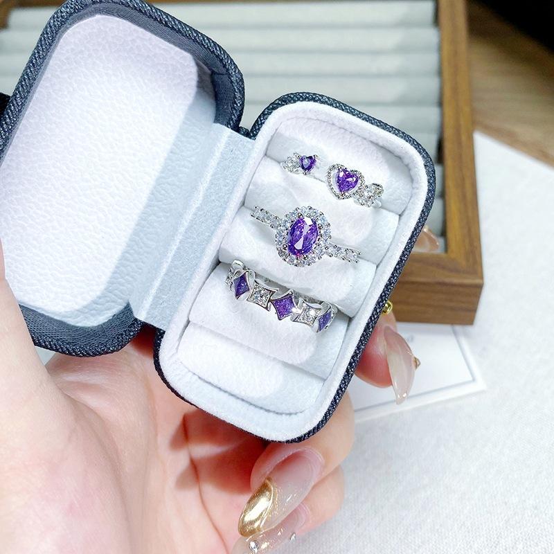 Exquisite Purple Enamel Zircon Four-Pointed Star Love Opening Ring Niche Stacking Wearing Colored Treasure High-Sense Ring